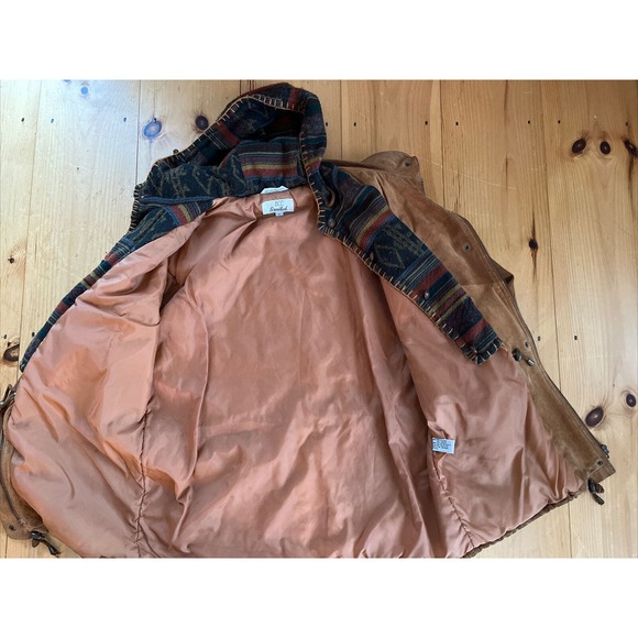 BT Ltd Jacket Mens Large Suede + Aztec Southwest Hood Lined Car Coat Vintage - Picture 13 of 16